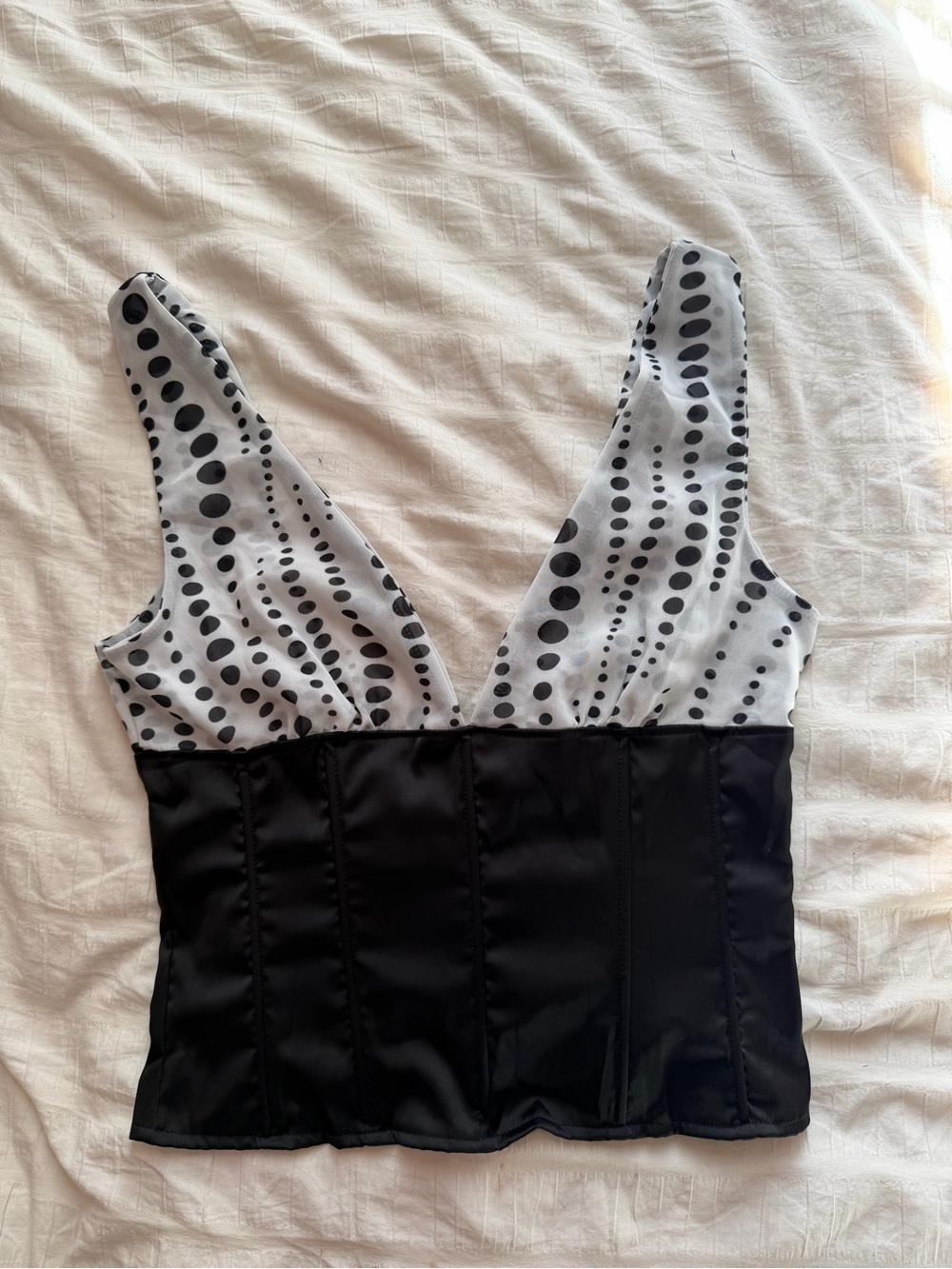 Polka Dot V-Neck Contrast Bustier Top - Black & White
